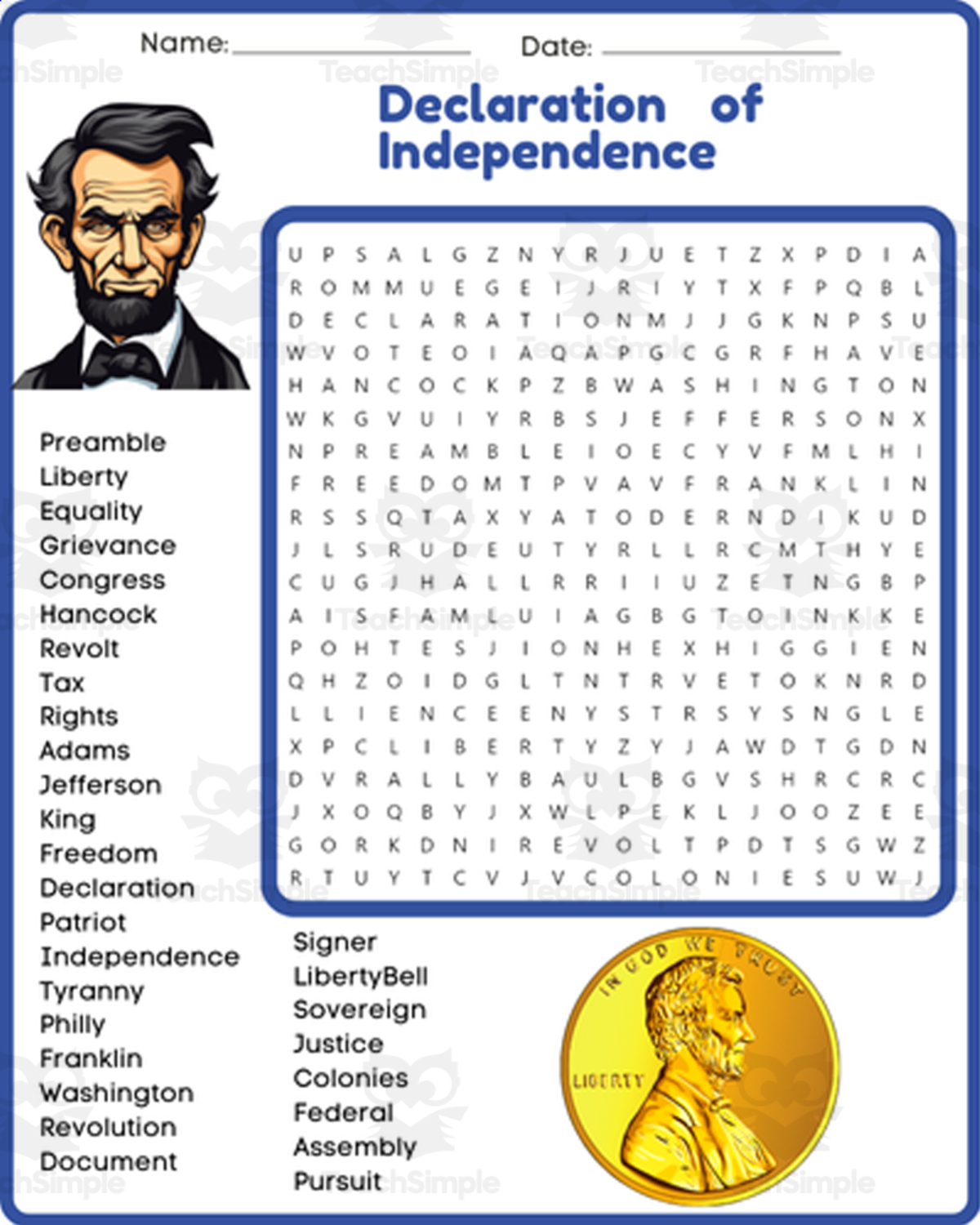 An educational teaching resource from space shope entitled (3rd 4th 5th 6th Grade) THE AMERICAN REVOLUTION Word Search activities downloadable at Teach Simple.