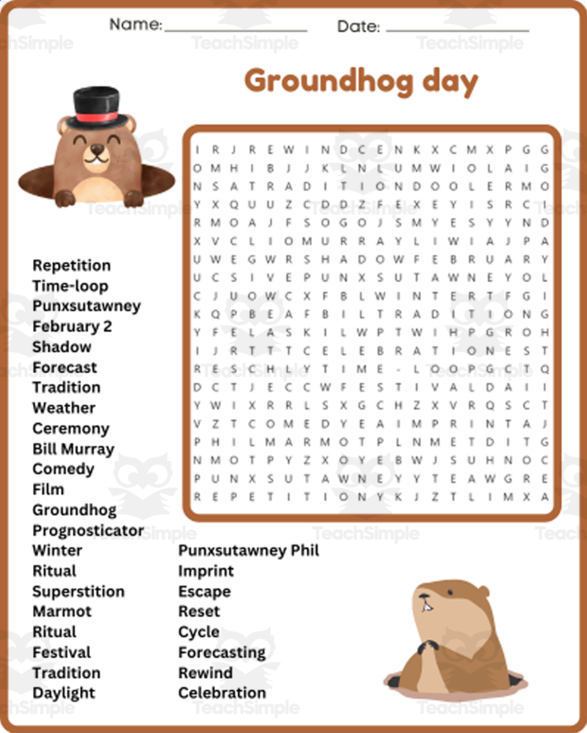 An educational teaching resource from space shope entitled (3rd, 4th, 5th & 6th Grade) GROUNDHOG DAY Word Search Worksheet downloadable at Teach Simple.