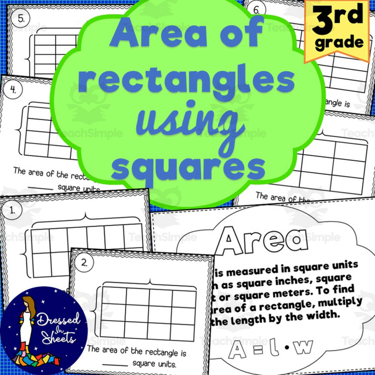 An educational teaching resource from Soumara Siddiqui entitled 3rd Grade Area of Rectangles Using Squares downloadable at Teach Simple.