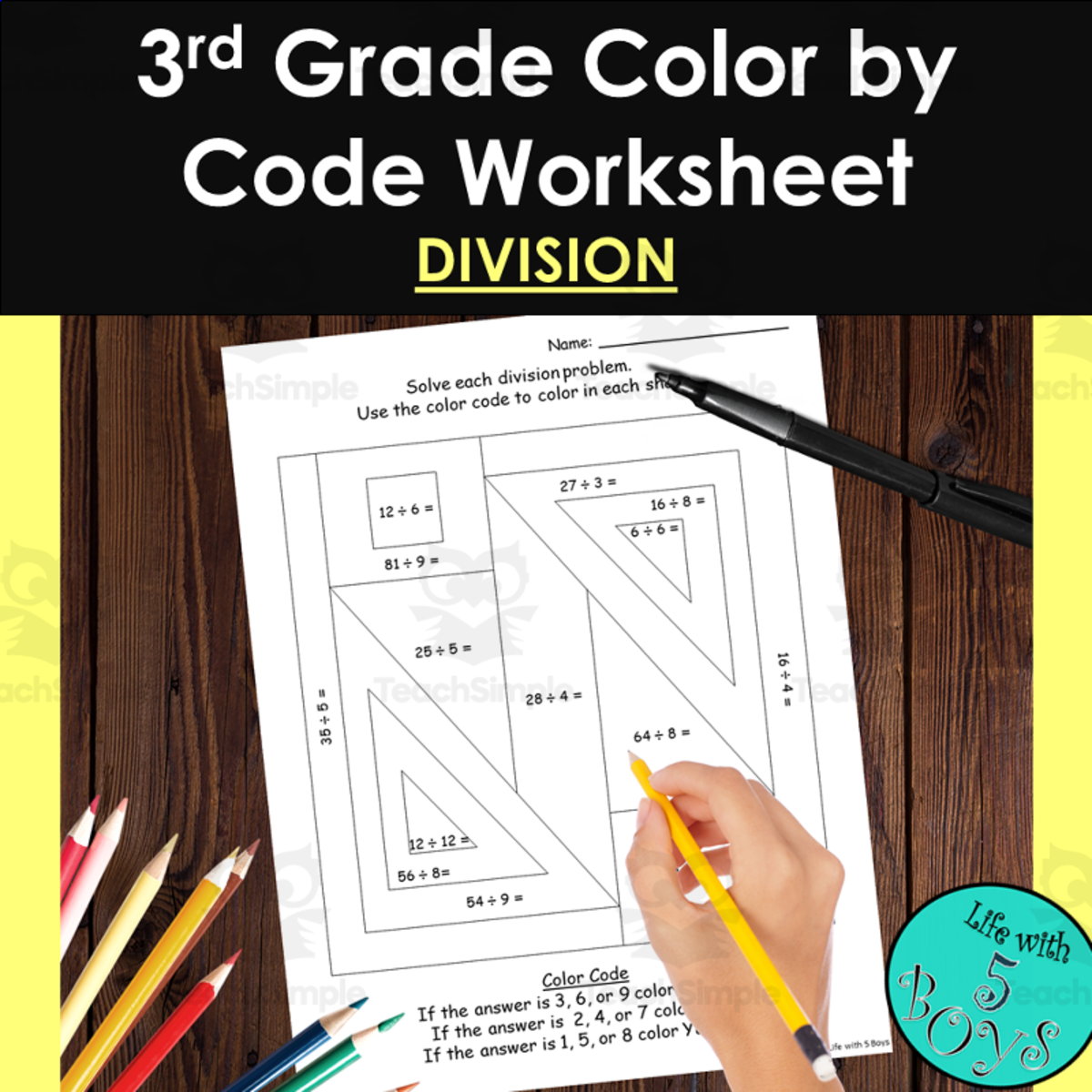 An educational teaching resource from Life with 5 Boys entitled 3rd Grade Color by Code Math Worksheet - Division downloadable at Teach Simple.