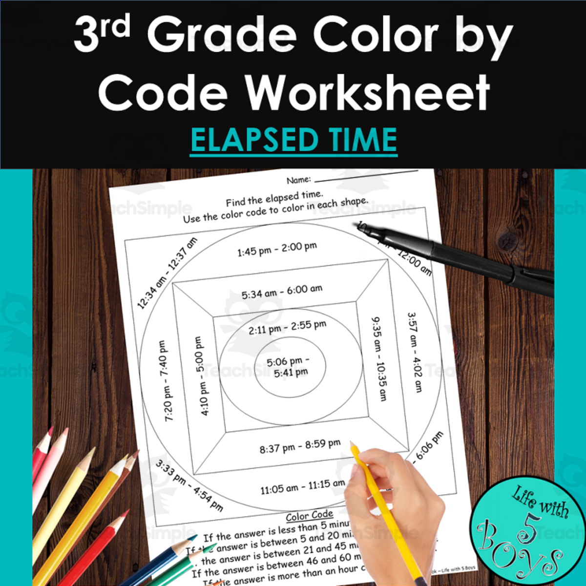 An educational teaching resource from Life with 5 Boys entitled 3rd Grade Color by Code Math Worksheet - Elapsed Time downloadable at Teach Simple.