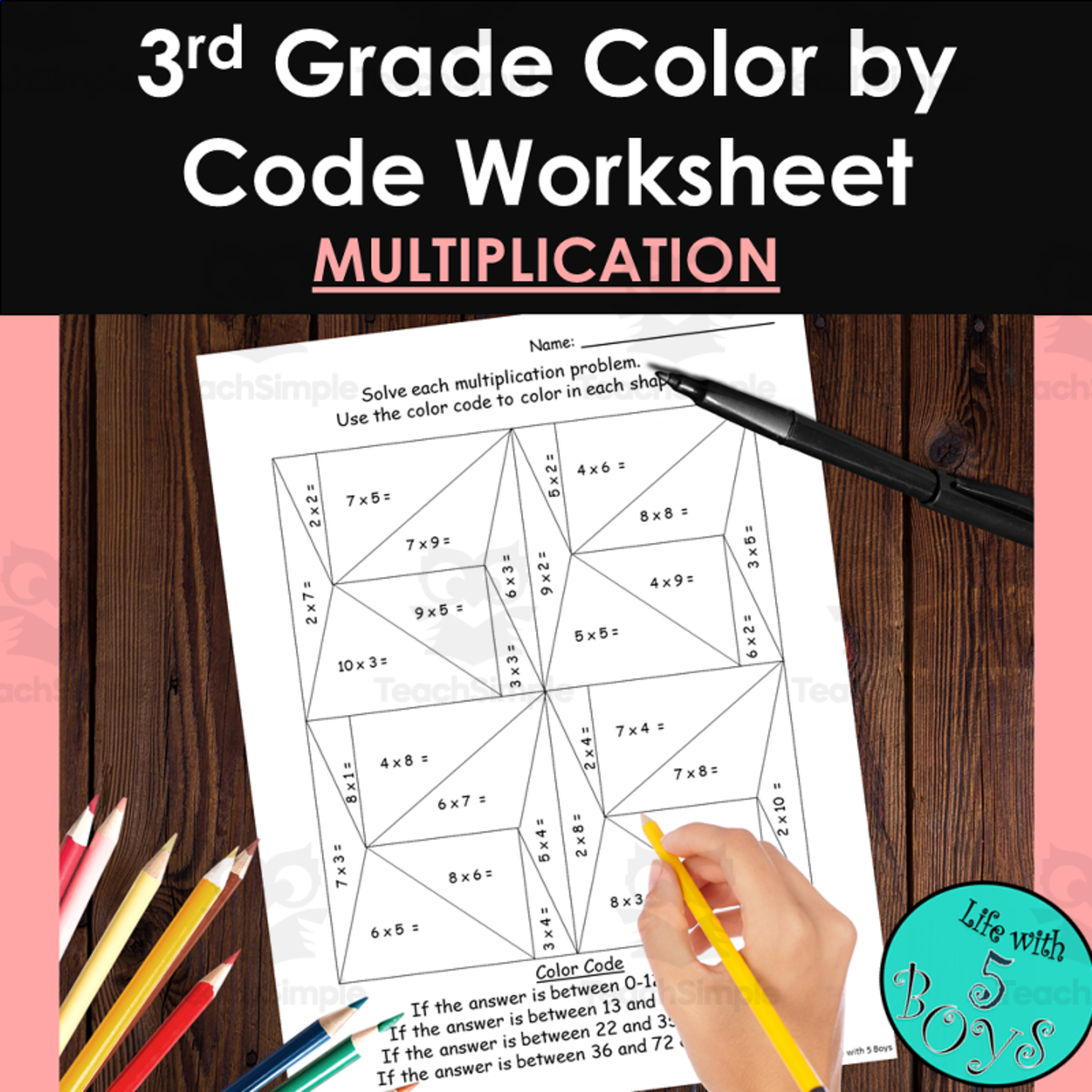 An educational teaching resource from Life with 5 Boys entitled 3rd Grade Color by Code Math Worksheet - Multiplication 1 downloadable at Teach Simple.