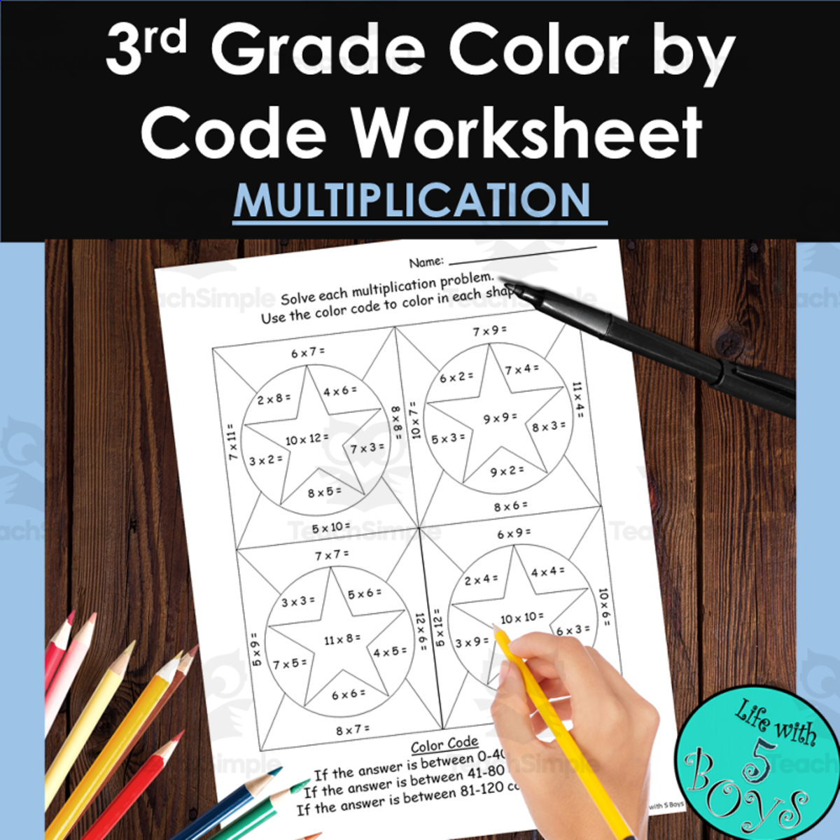 An educational teaching resource from Life with 5 Boys entitled 3rd Grade Color by Code Math Worksheet - Multiplication 2 downloadable at Teach Simple.