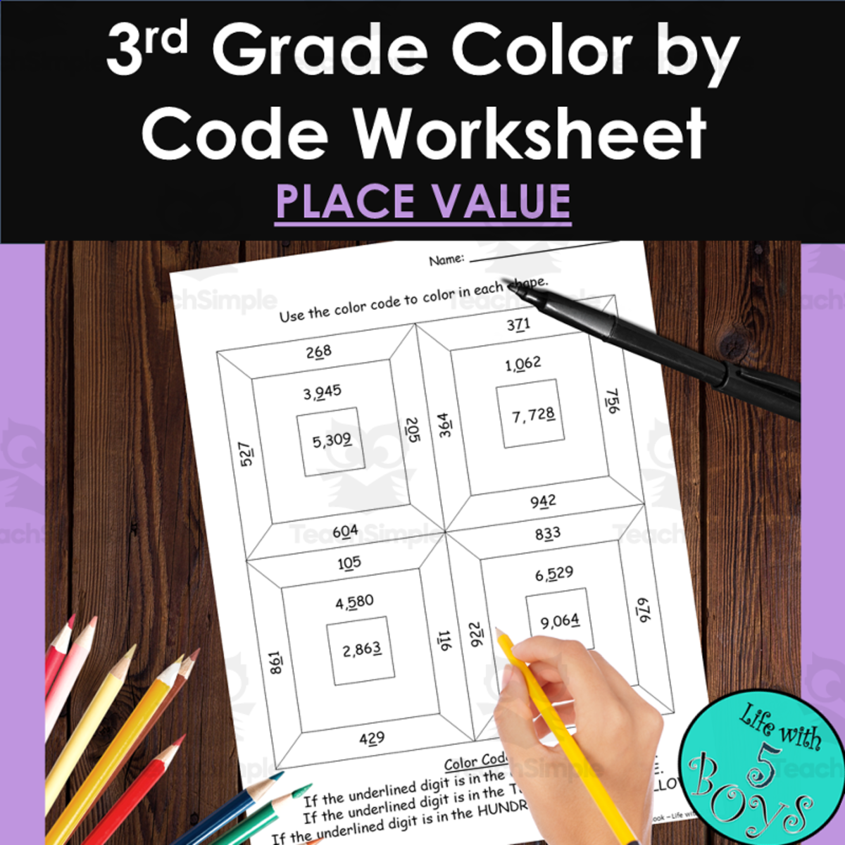 An educational teaching resource from Life with 5 Boys entitled 3rd Grade Color by Code Math Worksheet - Place Value downloadable at Teach Simple.