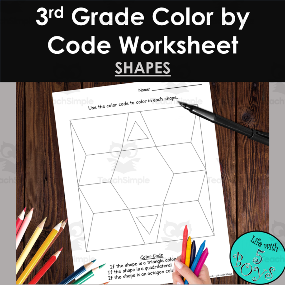 An educational teaching resource from Life with 5 Boys entitled 3rd Grade Color by Code Math Worksheet - Polygons downloadable at Teach Simple.