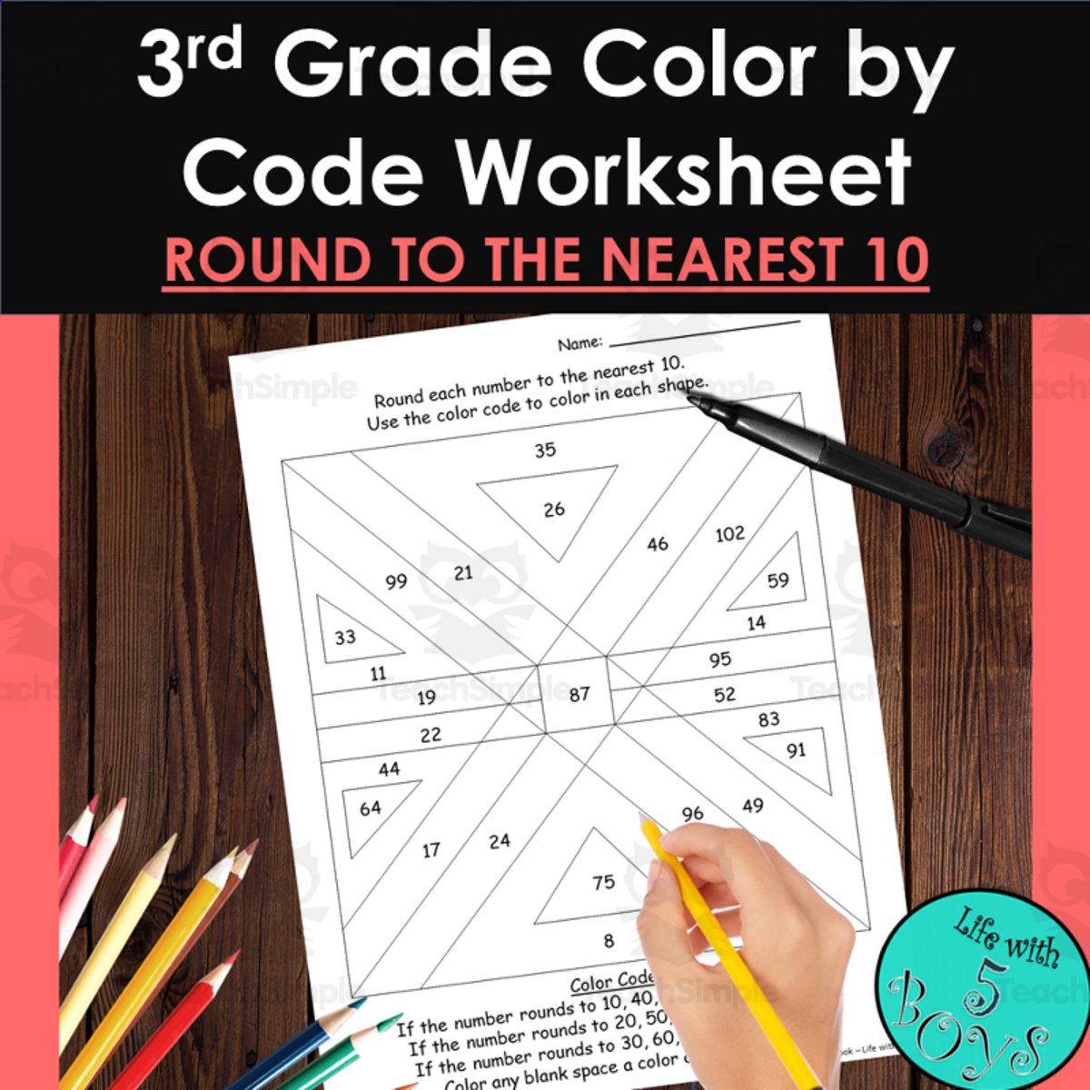 An educational teaching resource from Life with 5 Boys entitled 3rd Grade Color by Code Math Worksheet - Round to the Nearest 10 downloadable at Teach Simple.