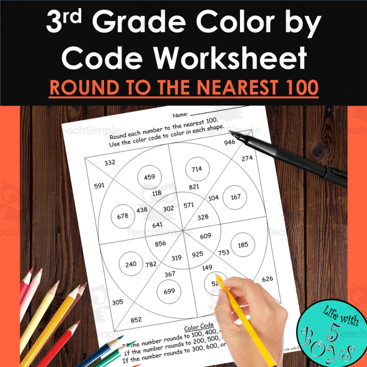An educational teaching resource from Life with 5 Boys entitled 3rd Grade Color by Code Math Worksheet - Round to the Nearest 100 downloadable at Teach Simple.