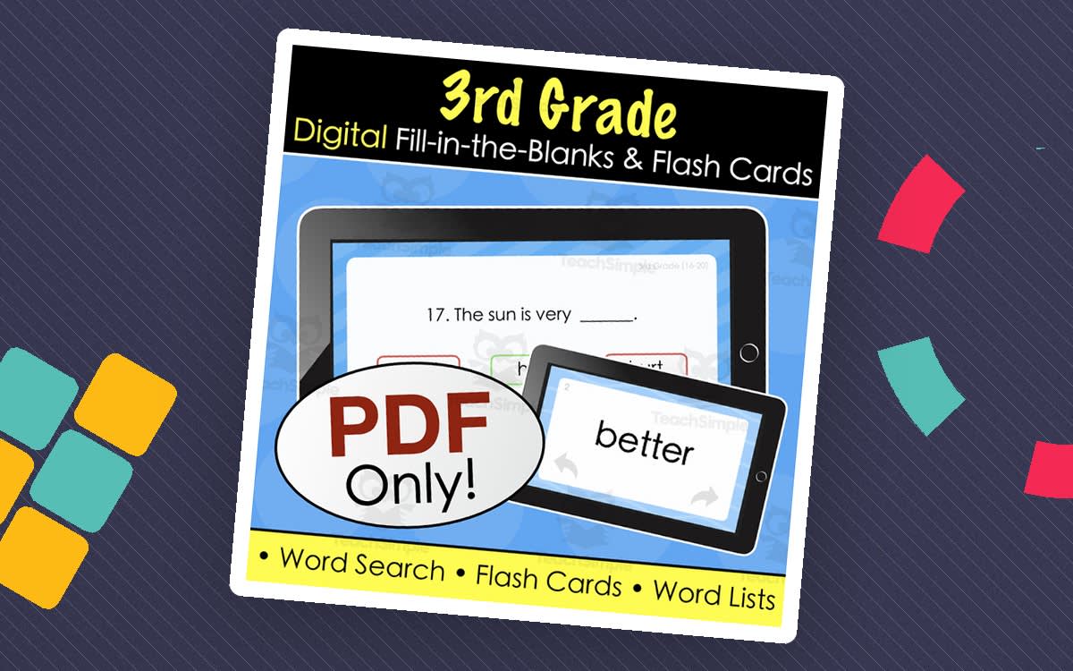 An educational teaching resource from Tom's Talk entitled 3rd Grade Dolch Sight Words - Digital Fill-in-the-Blanks Quiz, Flashcards + List downloadable at Teach Simple.