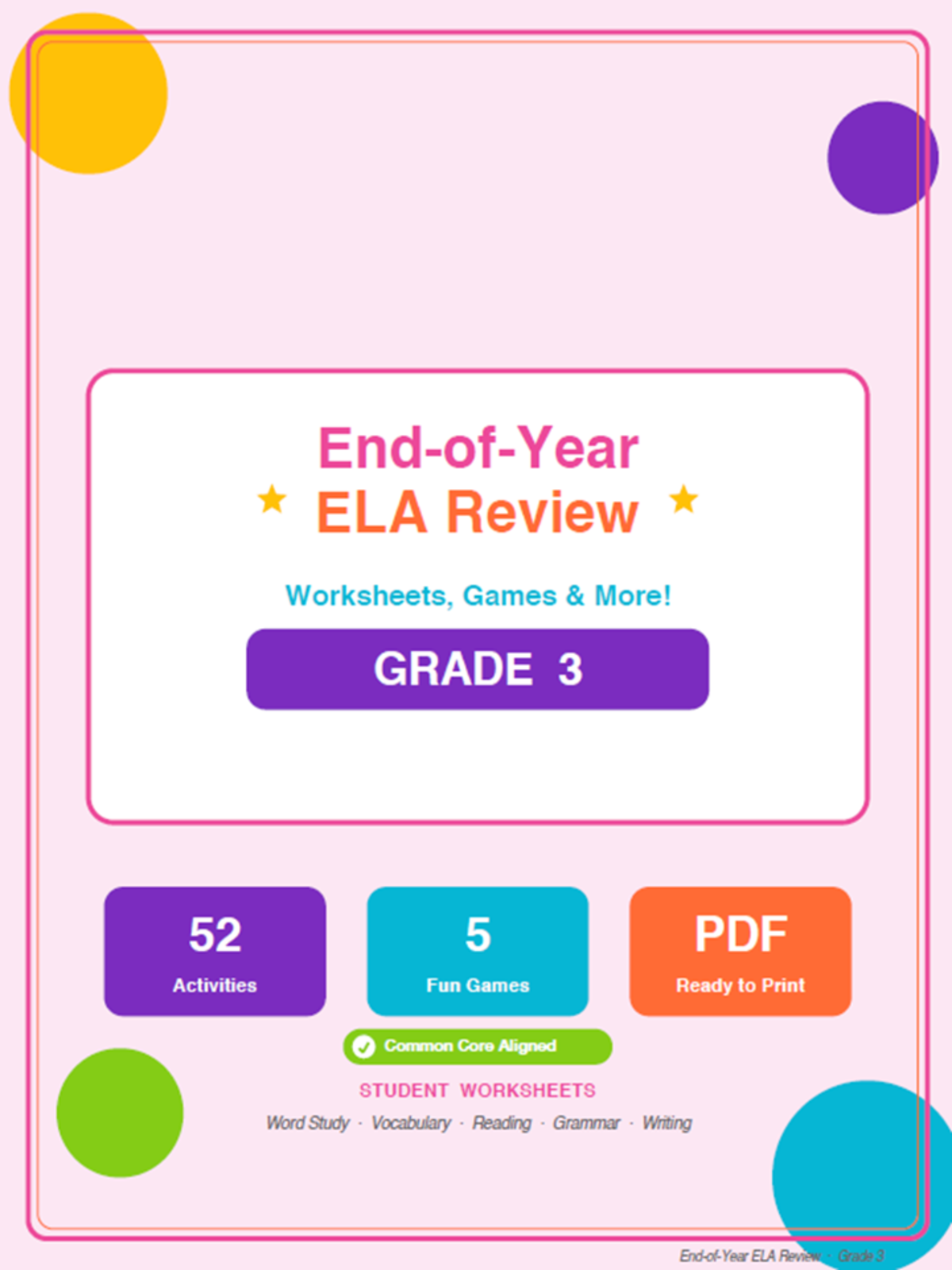 An educational teaching resource from Bright Classroom Ideas Marketplace entitled 3rd Grade End of Year ELA Review Worksheets & Games downloadable at Teach Simple.
