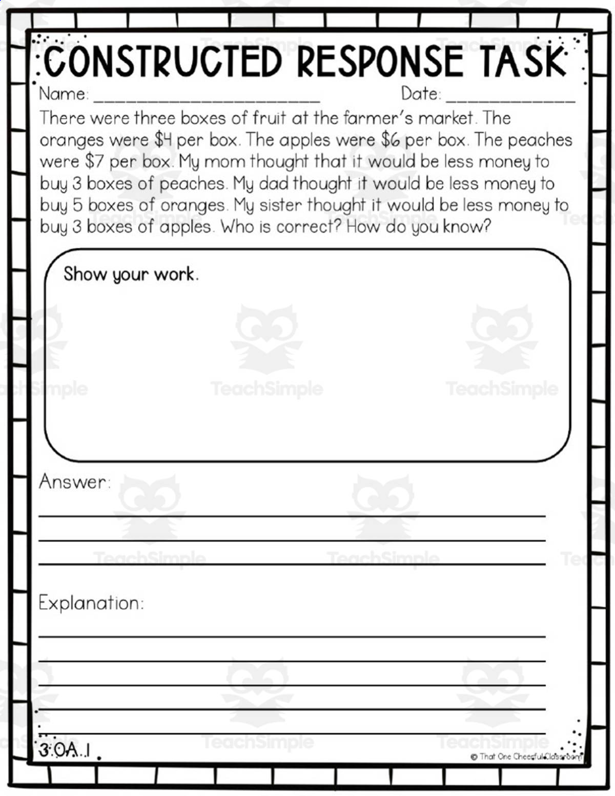 An educational teaching resource from That One Cheerful Classroom entitled 3rd Grade Math – Constructed Response Test Prep downloadable at Teach Simple.