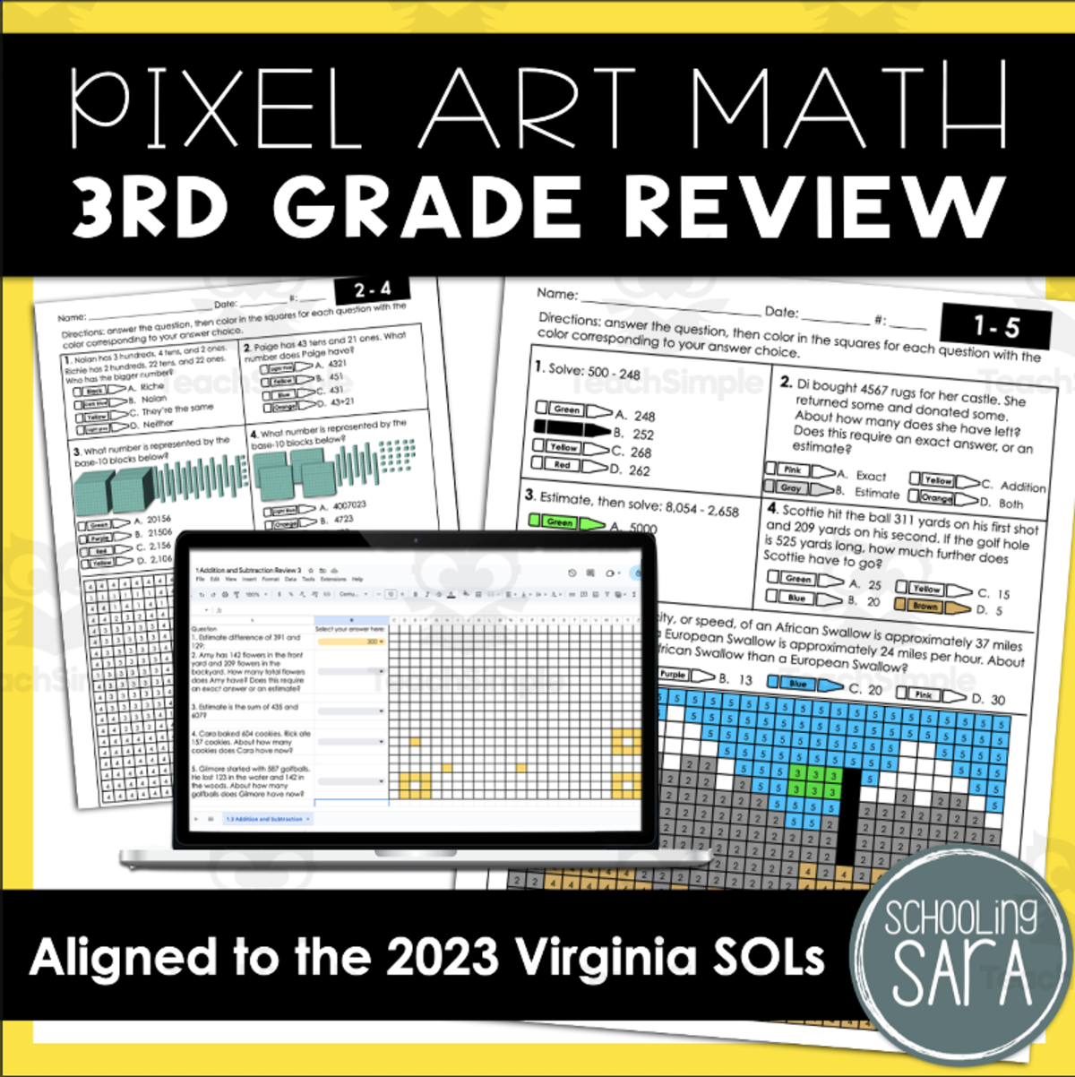 An educational teaching resource from SchoolingSara entitled 3rd Grade Math Review Pixel Art Coloring Pages | Digital AND Print downloadable at Teach Simple.