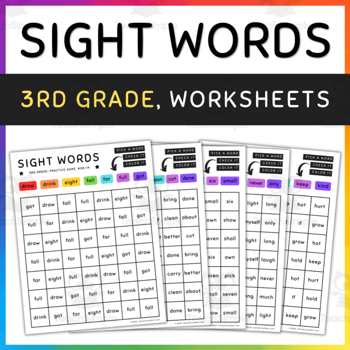An educational teaching resource from TeacherYouWant entitled 3rd Grade Sight Words, Color by Sight Words Practice Game - SET 9 (a) downloadable at Teach Simple.