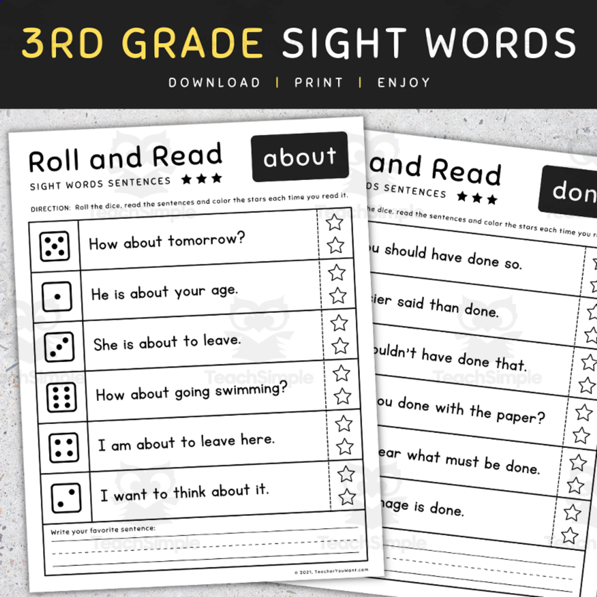 An educational teaching resource from TeacherYouWant entitled 3rd Grade Sight Words – Roll & Read Set 3 downloadable at Teach Simple.