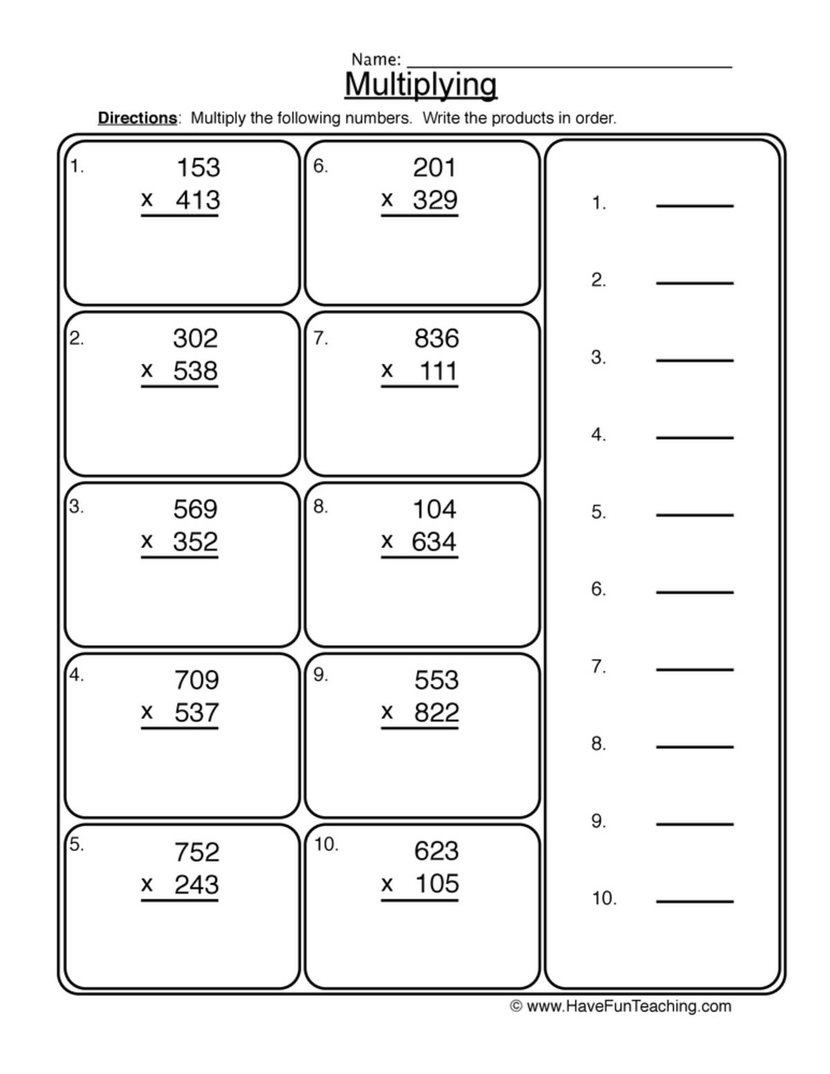 An educational teaching resource from Have Fun Teaching entitled 3x3 Digit Multiplication Worksheet downloadable at Teach Simple.