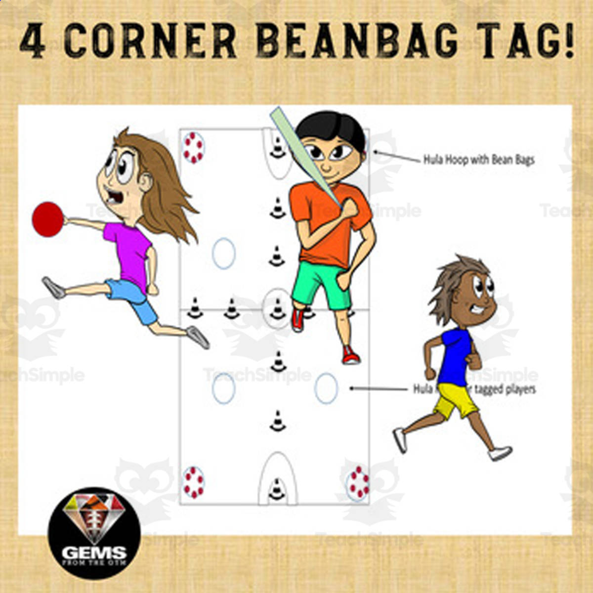 An educational teaching resource from Gems from the Gym entitled 4 Corner Beanbag Tag! PE Game downloadable at Teach Simple.