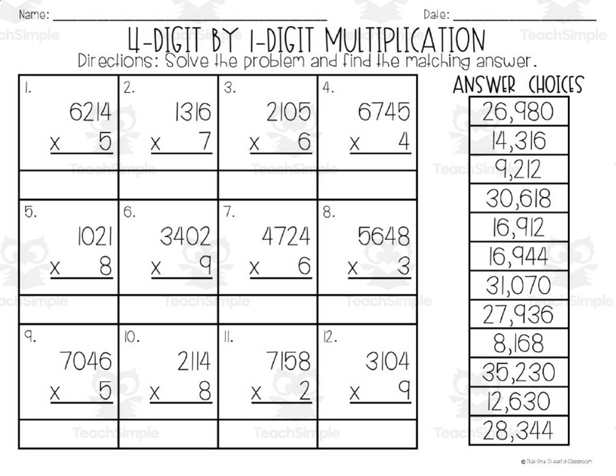 An educational teaching resource from That One Cheerful Classroom entitled 4 Digit x 1 Digit Multiplication Matching Worksheet downloadable at Teach Simple.