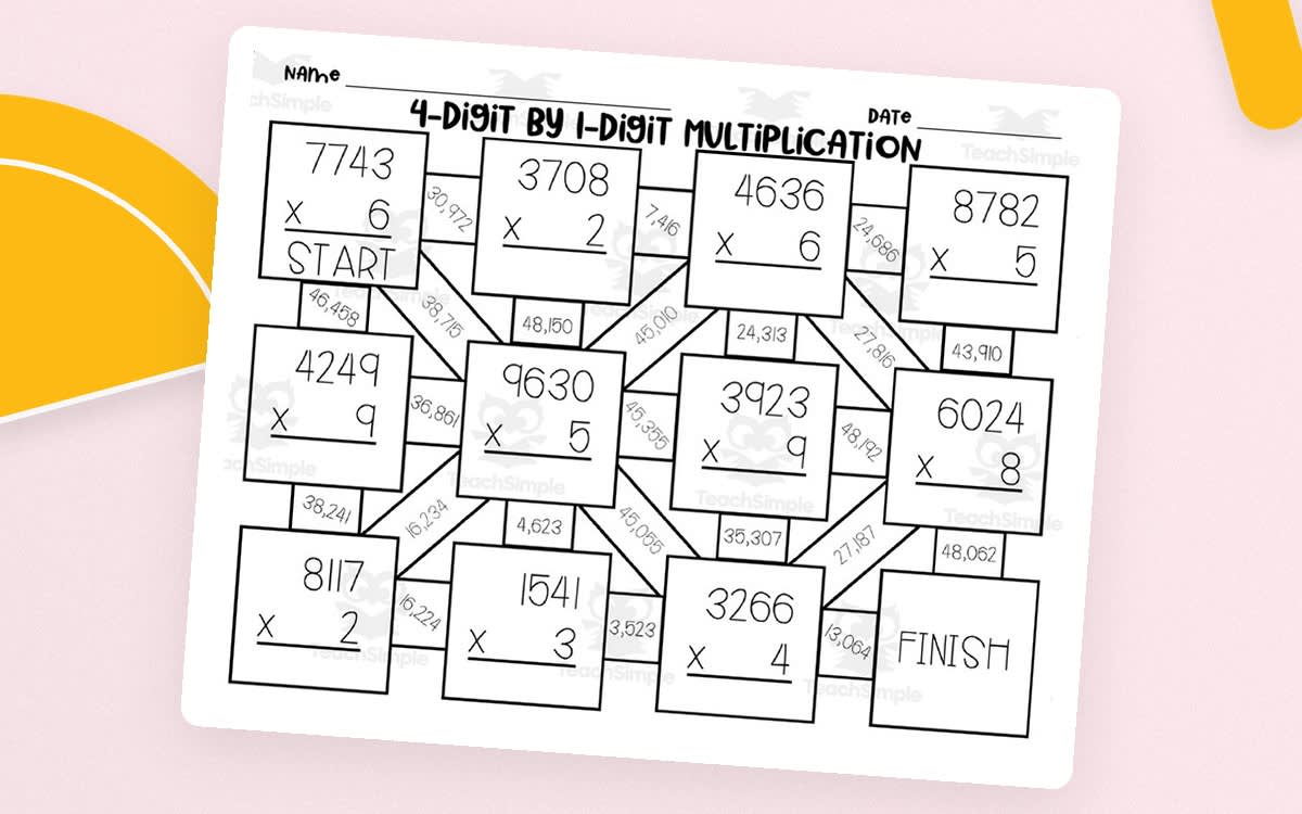 An educational teaching resource from That One Cheerful Classroom entitled 4 Digit x 1 Digit Multiplication Maze downloadable at Teach Simple.