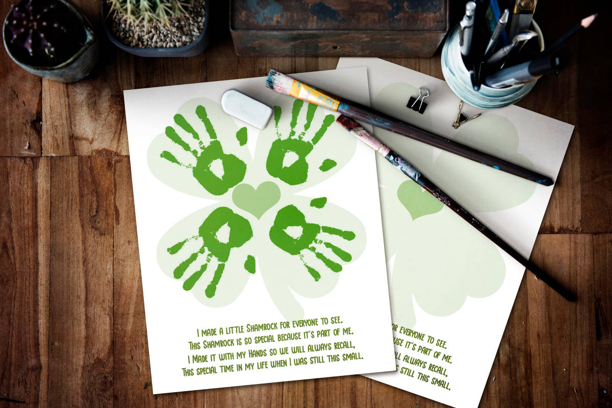 An educational teaching resource from Forever June Digital Design entitled 4-Leaf Clover Handprint Art – St. Patrick's Day Craft downloadable at Teach Simple.