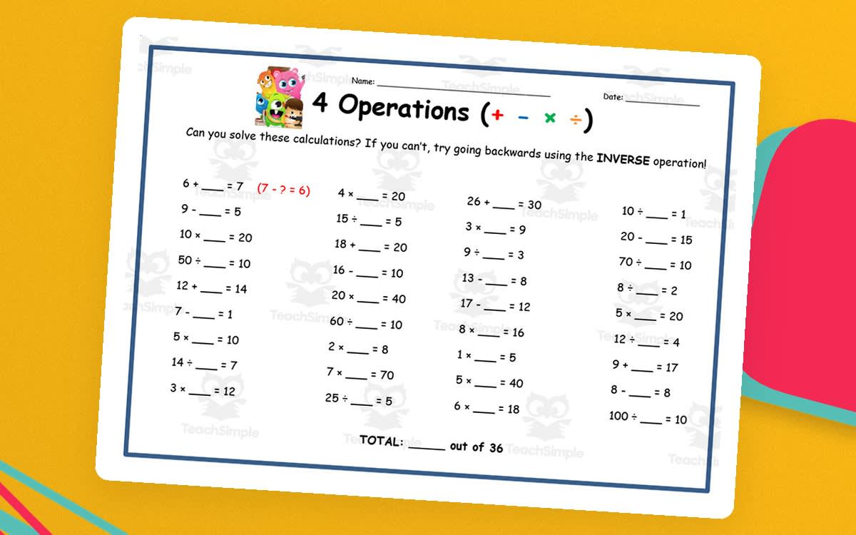 An educational teaching resource from Elementary Resources 4 U entitled 4 Operations Math Worksheet – 36 Mixed Problems downloadable at Teach Simple.
