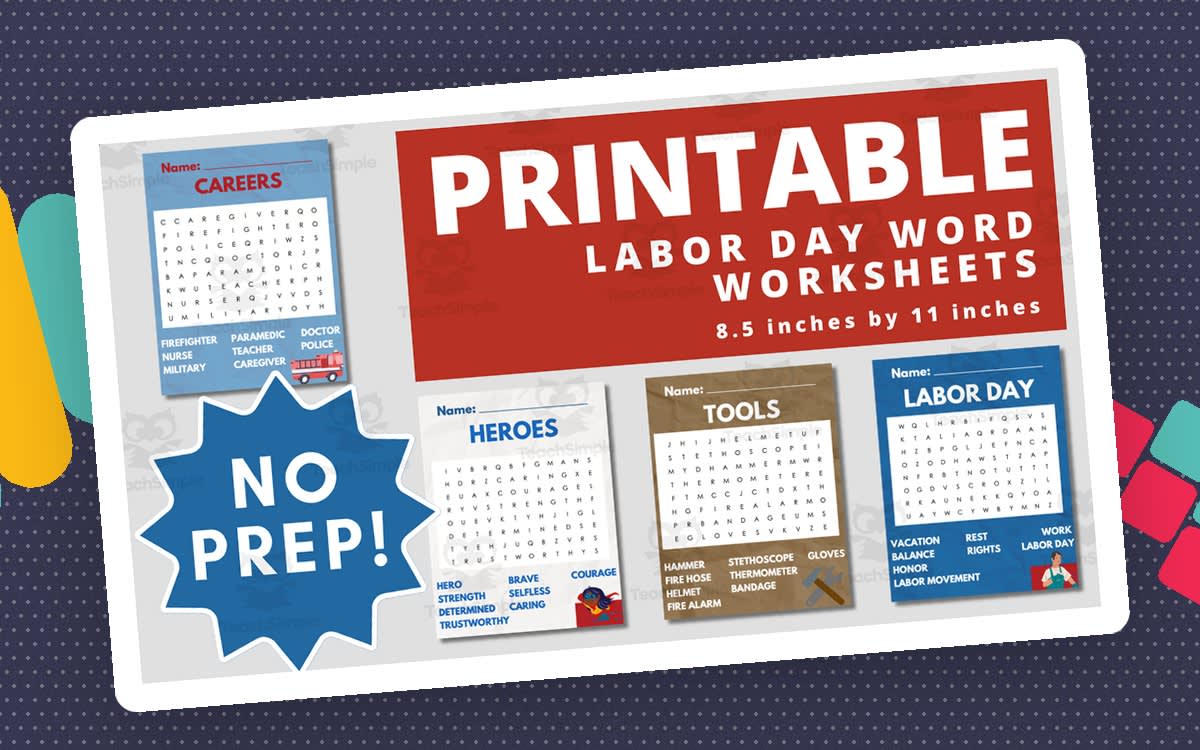 An educational teaching resource from Teacher Jenny entitled 4 Printable Labor Day Word Search Activity downloadable at Teach Simple.