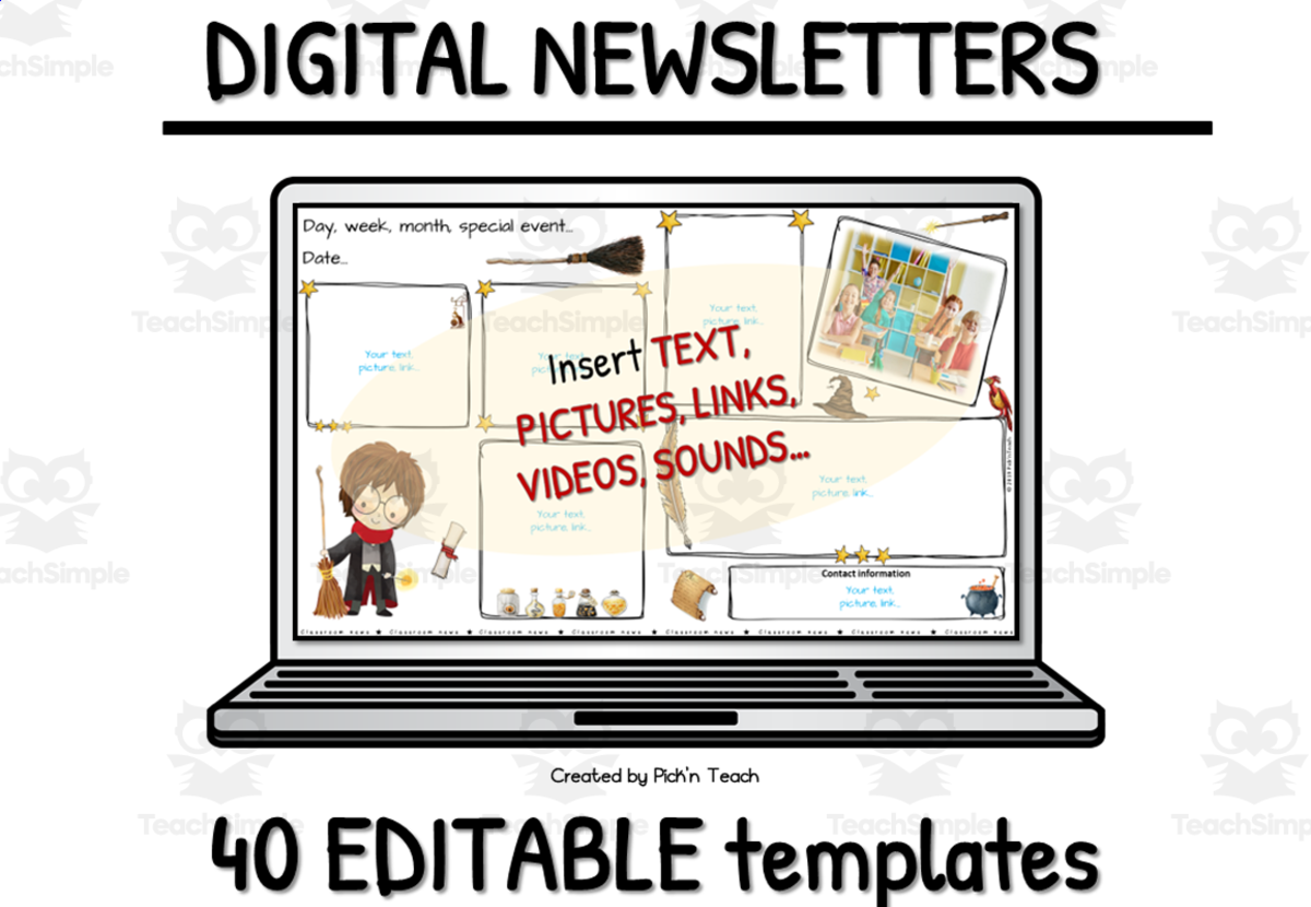 An educational teaching resource from Pick'n Teach entitled 40 DIGITAL classroom NEWSLETTERS for wizards - White background downloadable at Teach Simple.