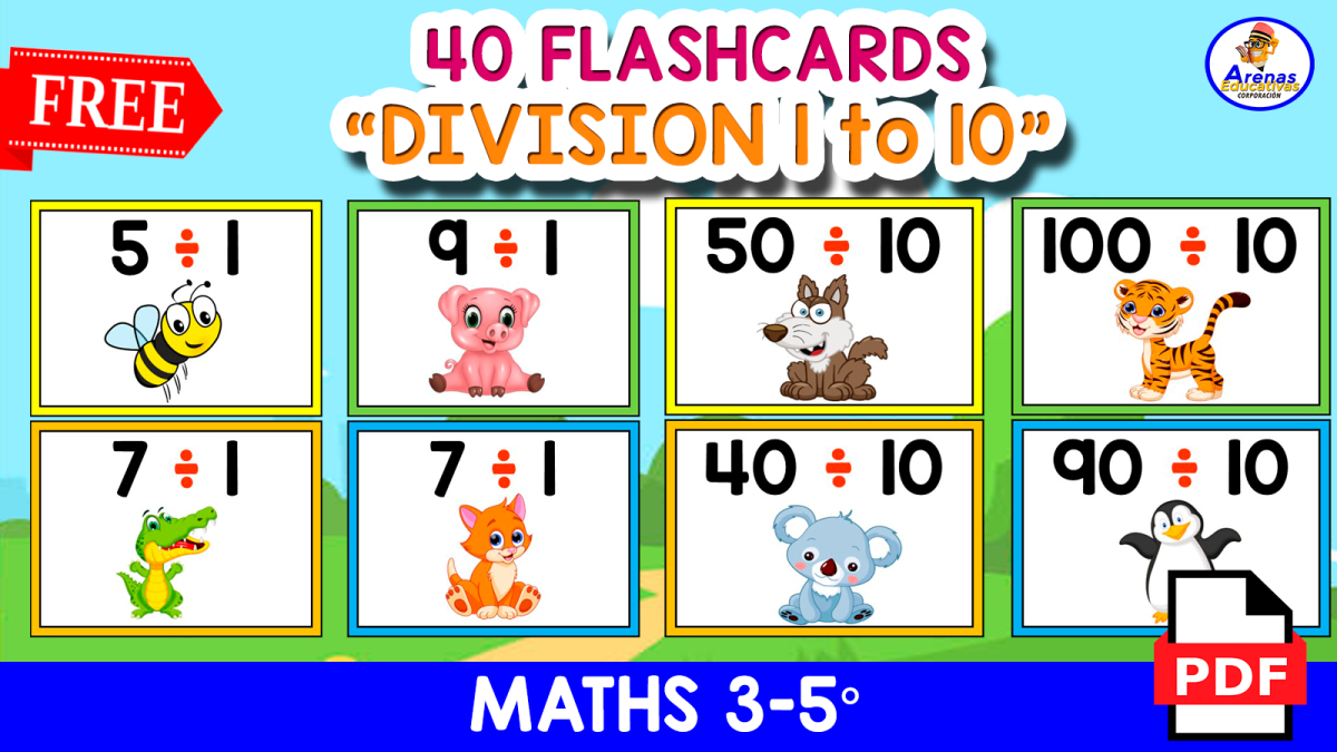 An educational teaching resource from EDITORIAL LAURA EDUCA entitled 40 DIVISION FLASHCARDS | Animals Theme downloadable at Teach Simple.