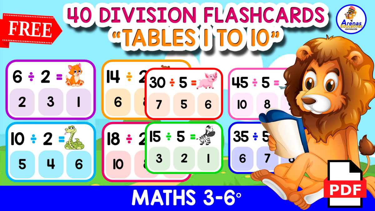 An educational teaching resource from EDITORIAL LAURA EDUCA entitled 40 DIVISION FLASHCARDS | Tables 1 to 10 downloadable at Teach Simple.