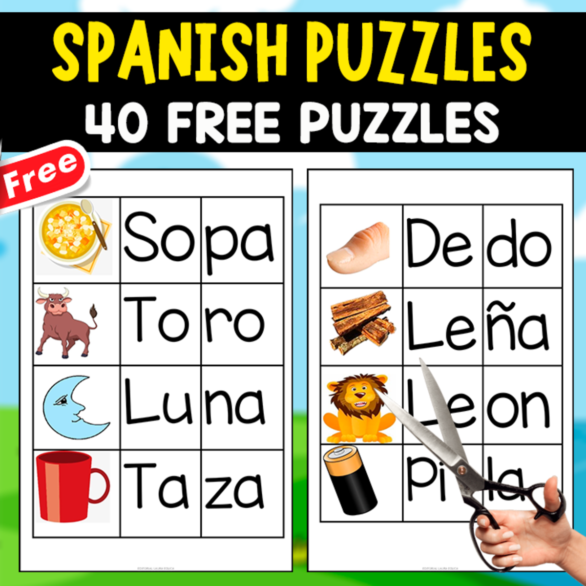 An educational teaching resource from EDITORIAL LAURA EDUCA entitled 40 FREE SPANISH PUZZLES | BASIC WORDS IN SPANISH downloadable at Teach Simple.