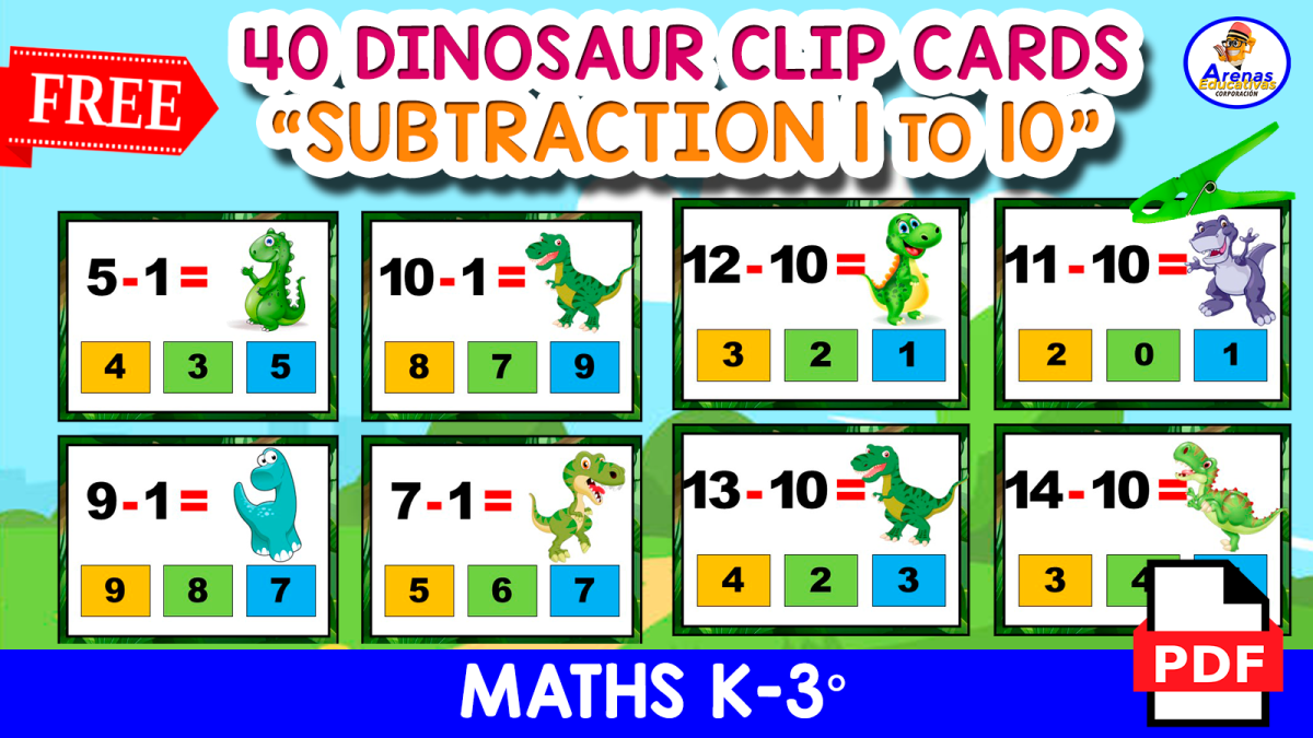 An educational teaching resource from EDITORIAL LAURA EDUCA entitled 40 SUBTRACTION CLIP CARDS | Dinosaur Theme downloadable at Teach Simple.