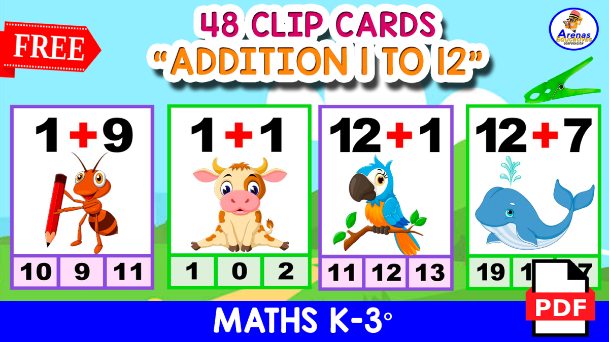 An educational teaching resource from EDITORIAL LAURA EDUCA entitled 48 ADDITION CLIPCARDS | Animal Theme downloadable at Teach Simple.