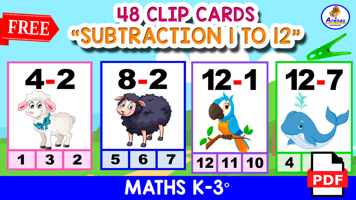 An educational teaching resource from EDITORIAL LAURA EDUCA entitled 48 SUBTRACTION CLIP CARDS | Animals Theme downloadable at Teach Simple.
