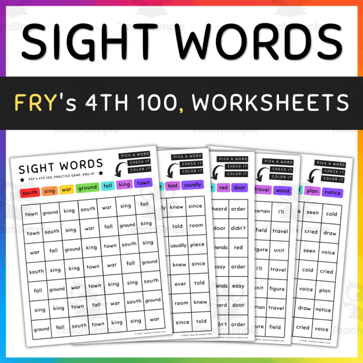 An educational teaching resource from TeacherYouWant entitled 4th 100 Fry Sight Words, Color by Sight Words Game - SET 9 (a) downloadable at Teach Simple.
