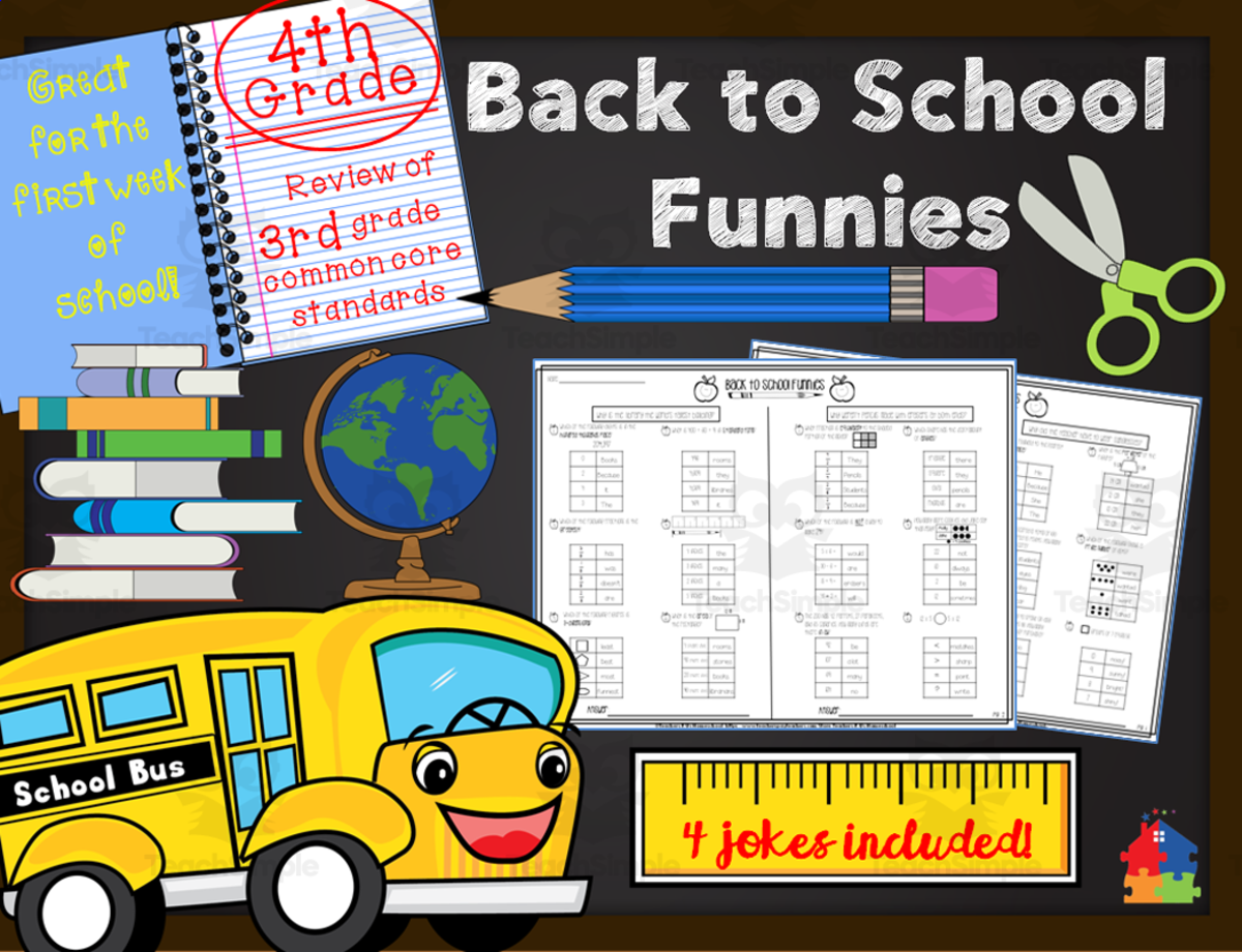 An educational teaching resource from Teachers R Us Homeschool entitled 4th Grade Back to School Funnies | Math Review Riddles downloadable at Teach Simple.
