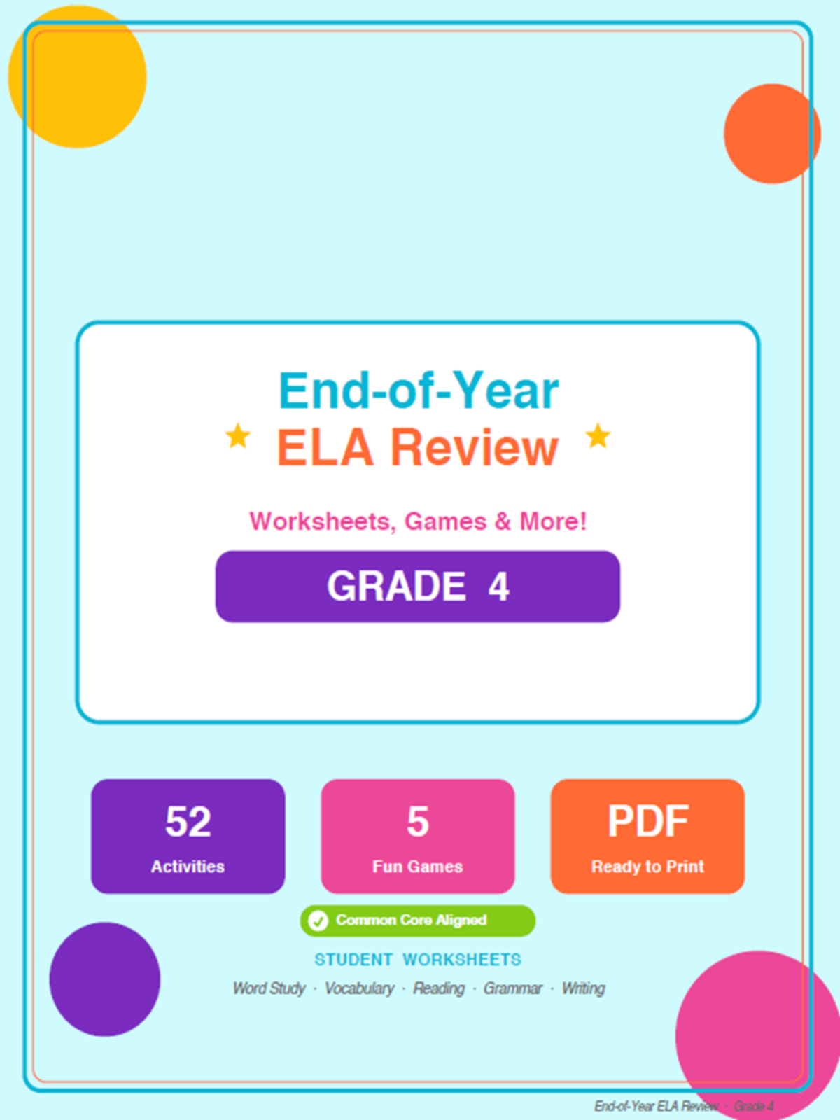 An educational teaching resource from Bright Classroom Ideas Marketplace entitled 4th Grade End of Year ELA Review Worksheets & Games downloadable at Teach Simple.