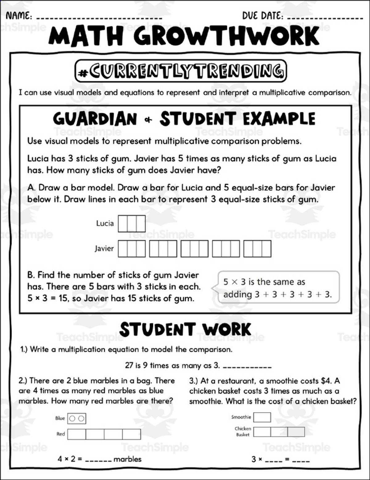 An educational teaching resource from Teaching on the Island entitled 4th Grade Math Growthwork Homework Packet downloadable at Teach Simple.