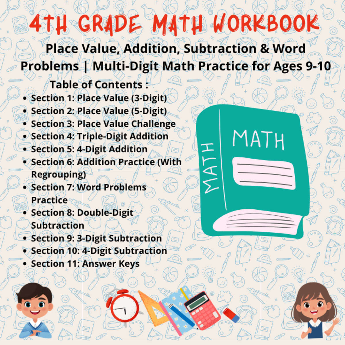 An educational teaching resource from Kind Minds Classroom Tech entitled 4th Grade Math Workbook, Back to school / Printable Math worckbook downloadable at Teach Simple.