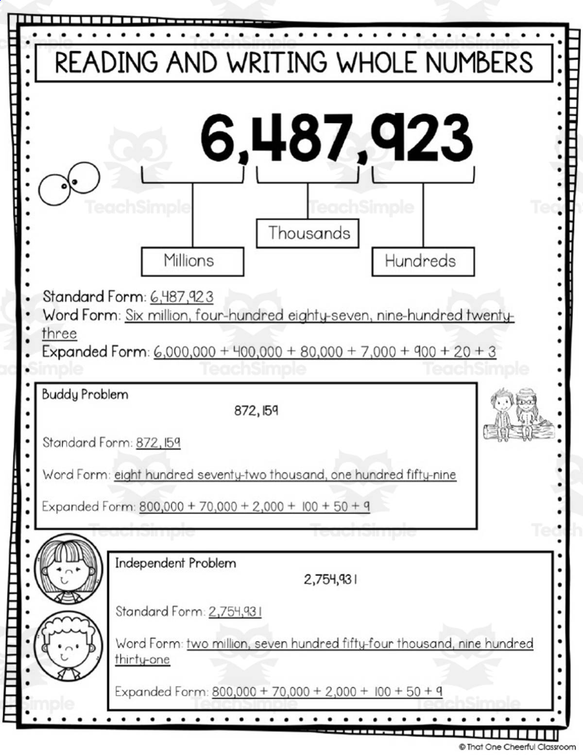 An educational teaching resource from That One Cheerful Classroom entitled 4th Grade Place Value Addition + Subtraction Math Notes downloadable at Teach Simple.