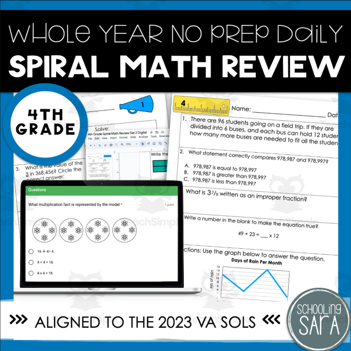 An educational teaching resource from SchoolingSara entitled 4th Grade Whole Year Math Spiral Review Morning work/Homework downloadable at Teach Simple.