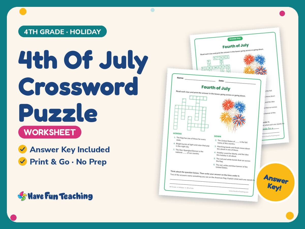 4th Of July Crossword Puzzle Worksheet – 4th Grade Holiday Practice preview