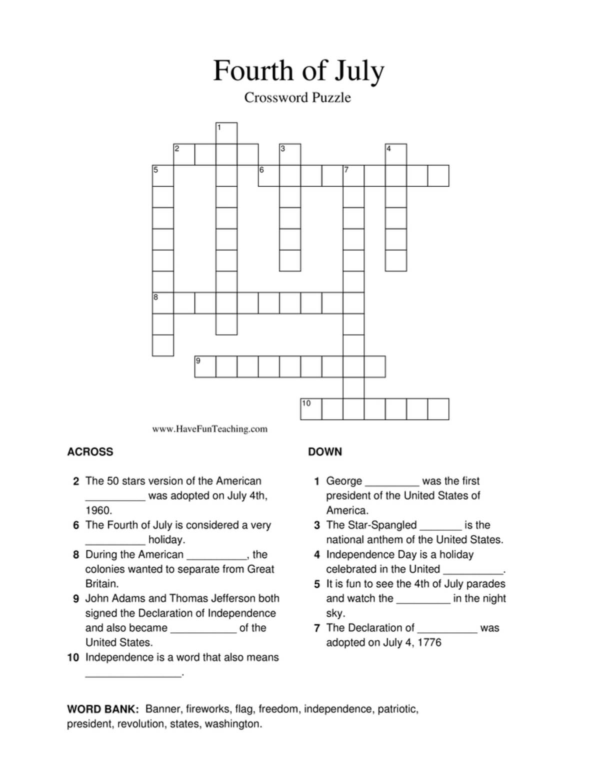 An educational teaching resource from Have Fun Teaching entitled 4th Of July Crossword Puzzle downloadable at Teach Simple.