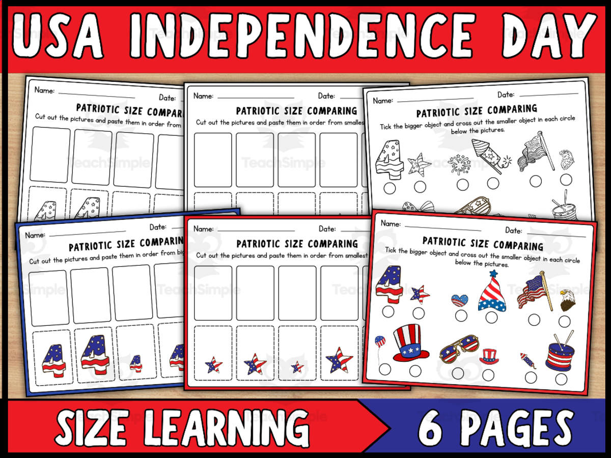 An educational teaching resource from Wonderland School entitled 4th Of July Size Learning Worksheets | USA Independence Day downloadable at Teach Simple.