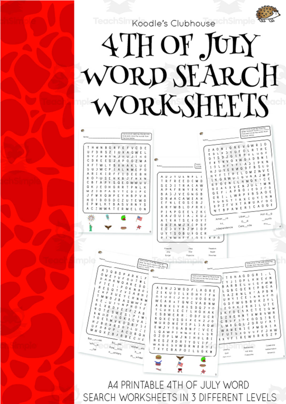 An educational teaching resource from Koodles Clubhouse entitled 4th of July Word Search Worksheets downloadable at Teach Simple.