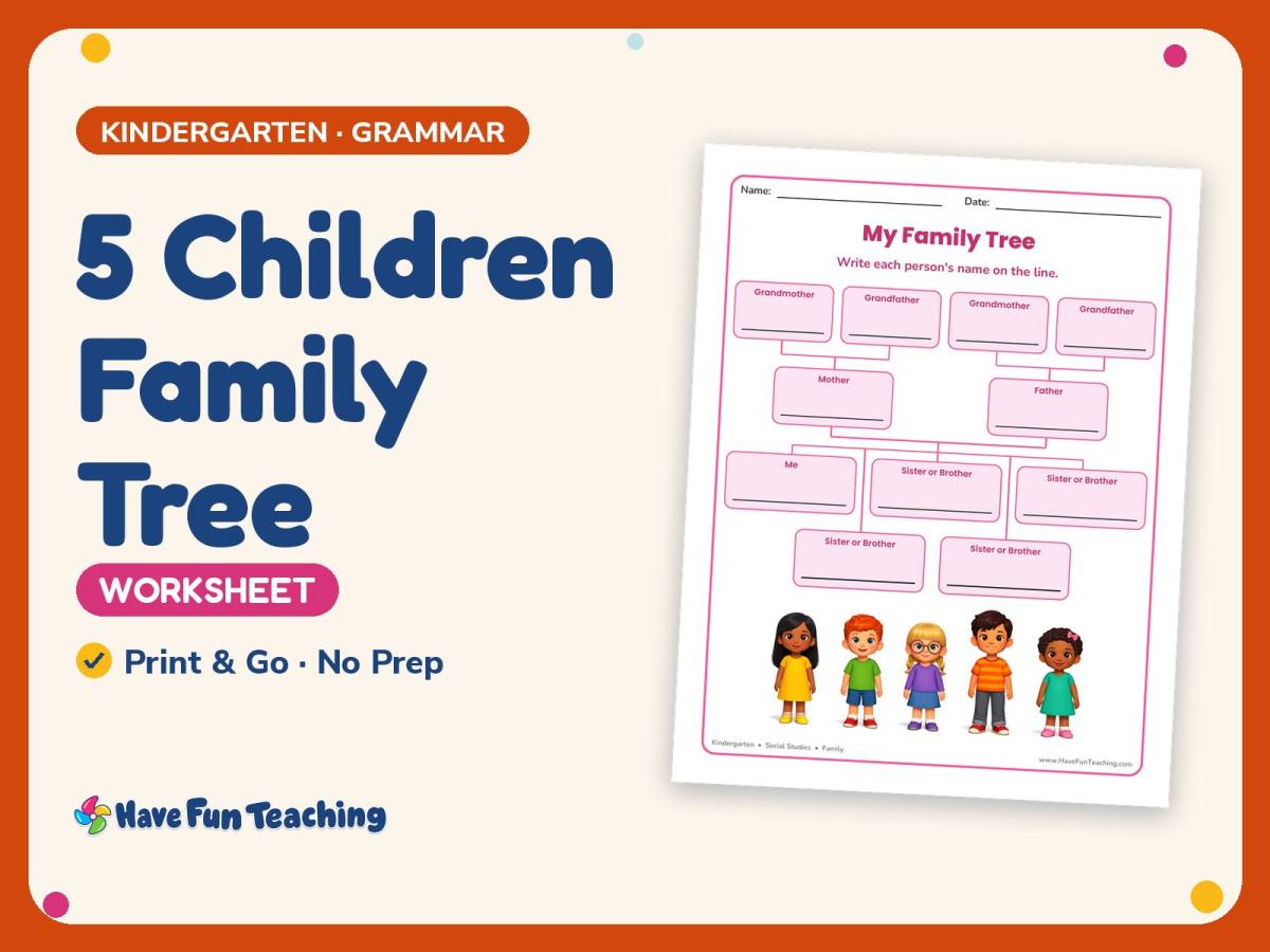 5 Children Family Tree Worksheet – Kindergarten Grammar Practice preview