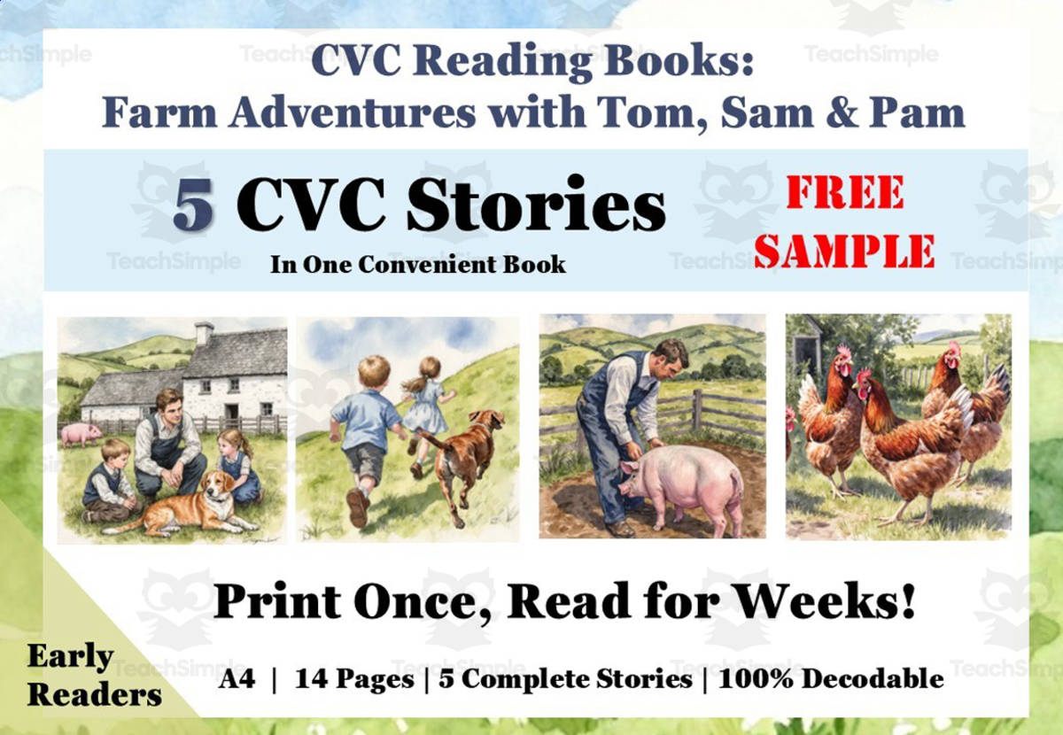 An educational teaching resource from Lilibette's Resources entitled 5 CVC Decodable Readers in One Book: Science Of Reading | FREE SAMPLE downloadable at Teach Simple.