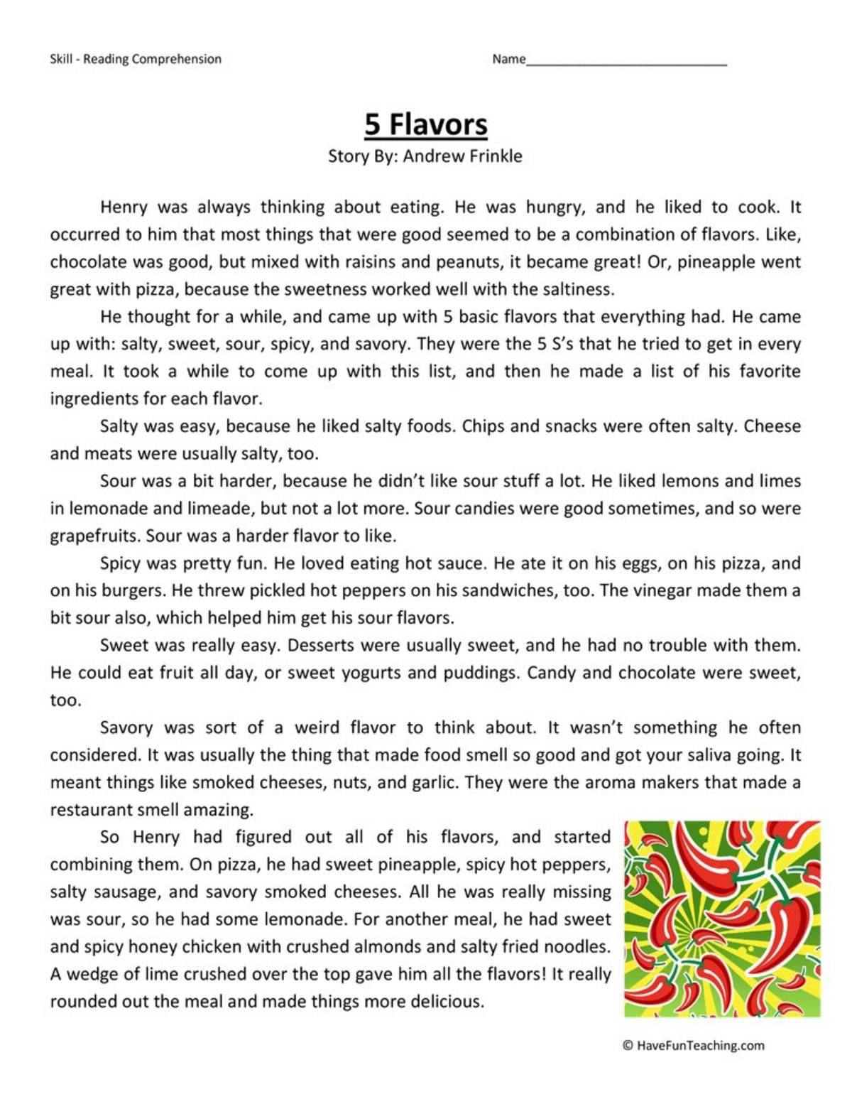An educational teaching resource from Have Fun Teaching entitled 5 Flavors Reading Comprehension Worksheet downloadable at Teach Simple.