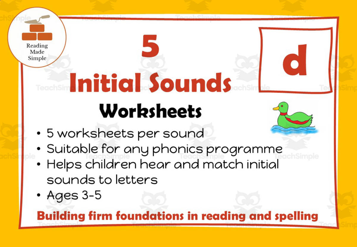 An educational teaching resource from Lilibette's Resources entitled 5 FREE Initial Sounds Worksheets: d downloadable at Teach Simple.