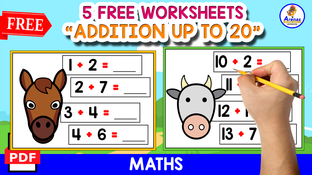 An educational teaching resource from EDITORIAL LAURA EDUCA entitled 5 FREE PAGES OF ADDITION UP TO 20 1 ANIMAL THEMED downloadable at Teach Simple.