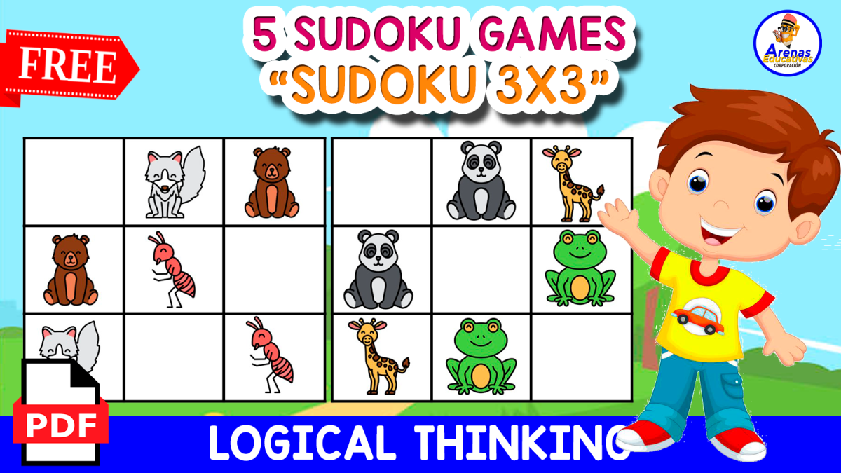 An educational teaching resource from EDITORIAL LAURA EDUCA entitled 5 FREE SUDOKUS GAME WITH ANIMALS ICONS | FREE RESOURCE downloadable at Teach Simple.