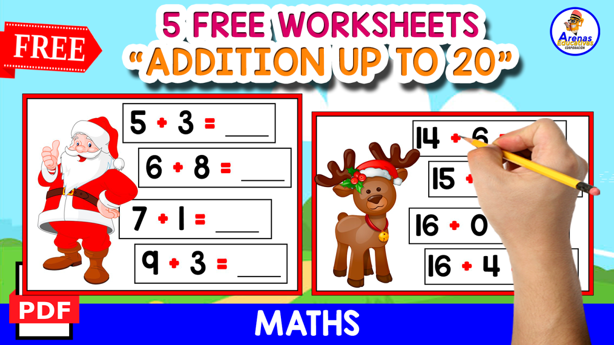 An educational teaching resource from EDITORIAL LAURA EDUCA entitled 5 FREE WORKSHEETS | ADDITION UP TO 20 | CHRISTMAS THEMED downloadable at Teach Simple.