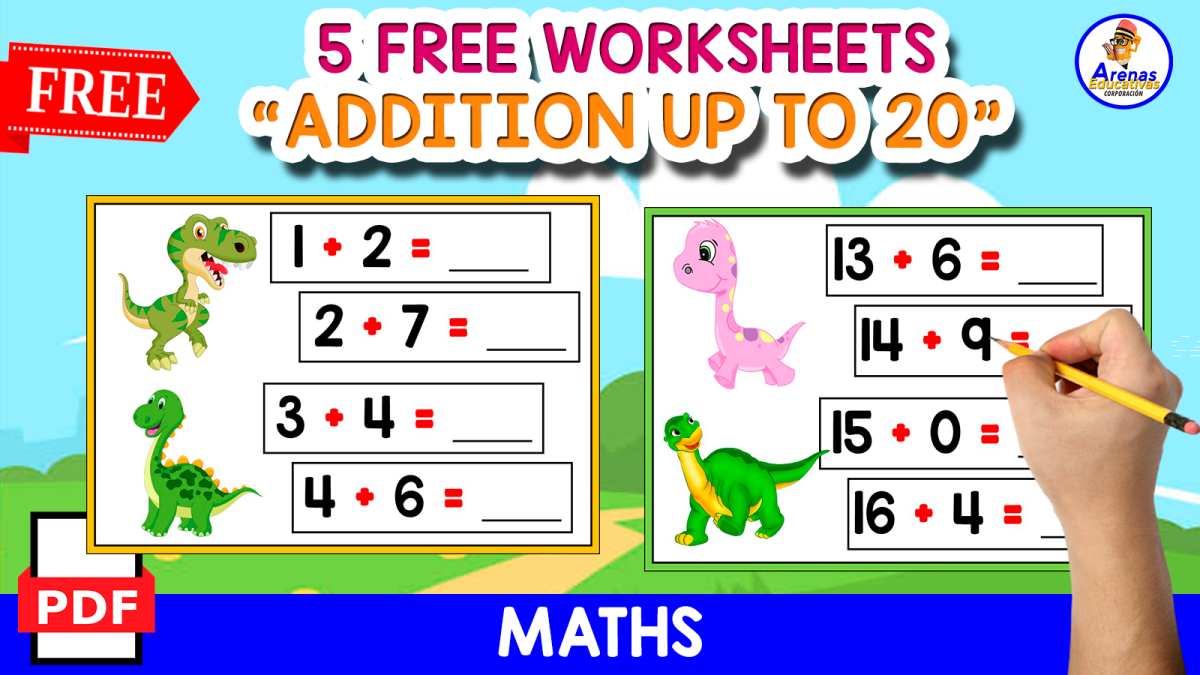 An educational teaching resource from EDITORIAL LAURA EDUCA entitled 5 FREE WORKSHEETS | ADDITION UP TO 20 | DINO THEMED downloadable at Teach Simple.